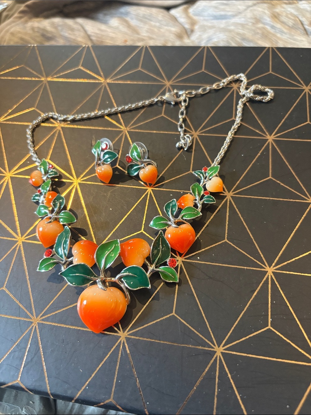 Orange Enamel Peach Necklace & Earrings Set - Women Jewelry